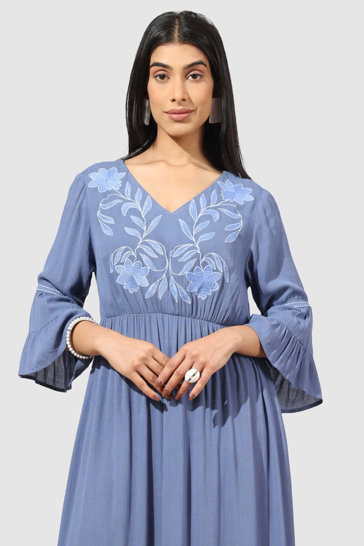 Embroidered Blue Rayon Crepe Casual Dress with V-Neck
