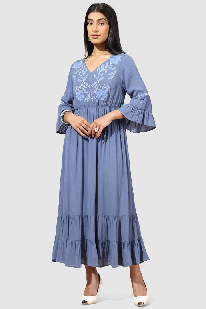 Embroidered Blue Rayon Crepe Casual Dress with V-Neck
