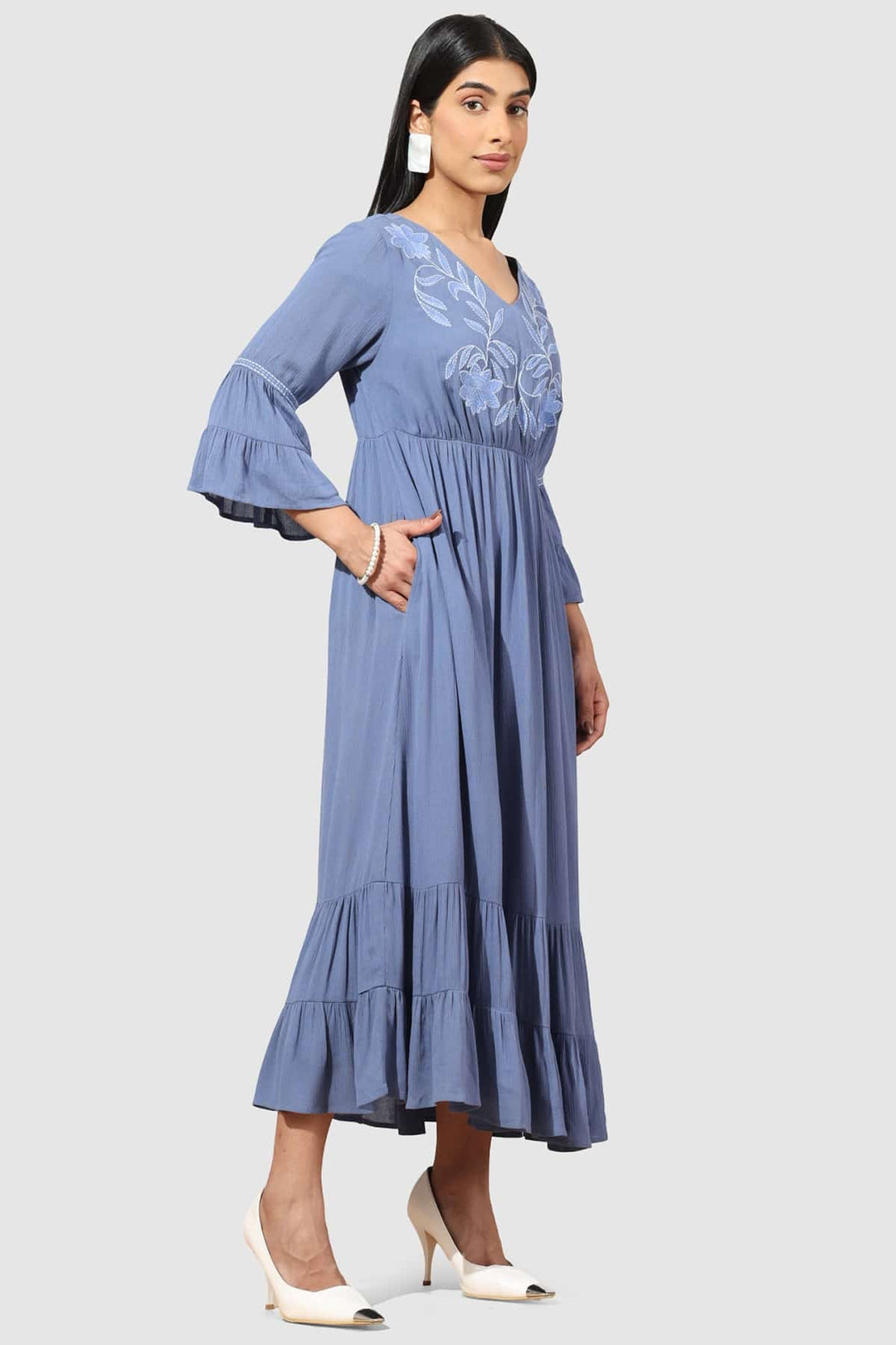 Embroidered Blue Rayon Crepe Casual Dress with V-Neck