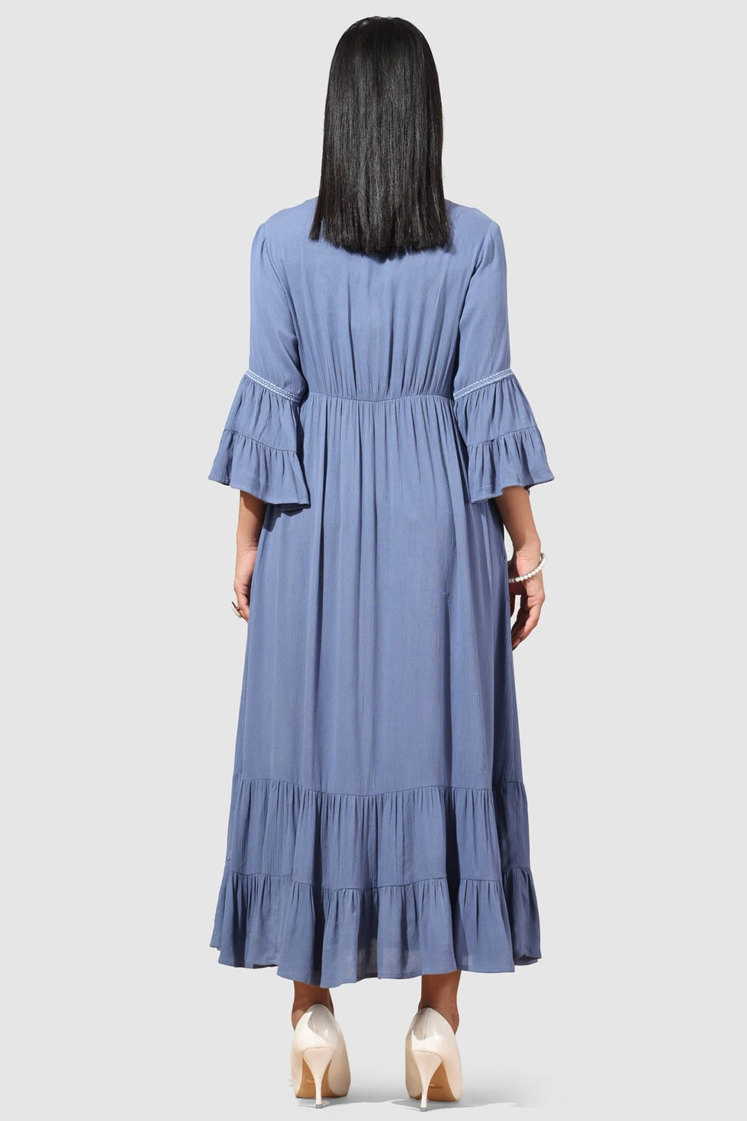 Embroidered Blue Rayon Crepe Casual Dress with V-Neck