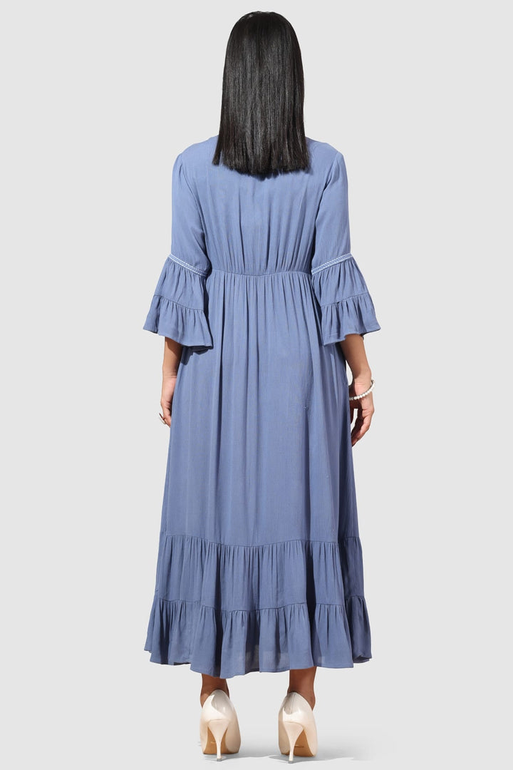 Embroidered Blue Rayon Crepe Casual Dress with V-Neck