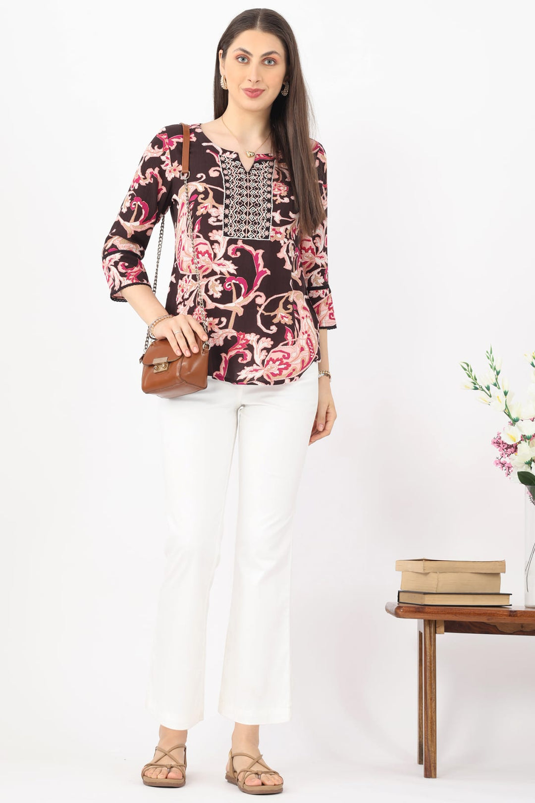 Pink Embroidered Rayon Crepe Casual Top
