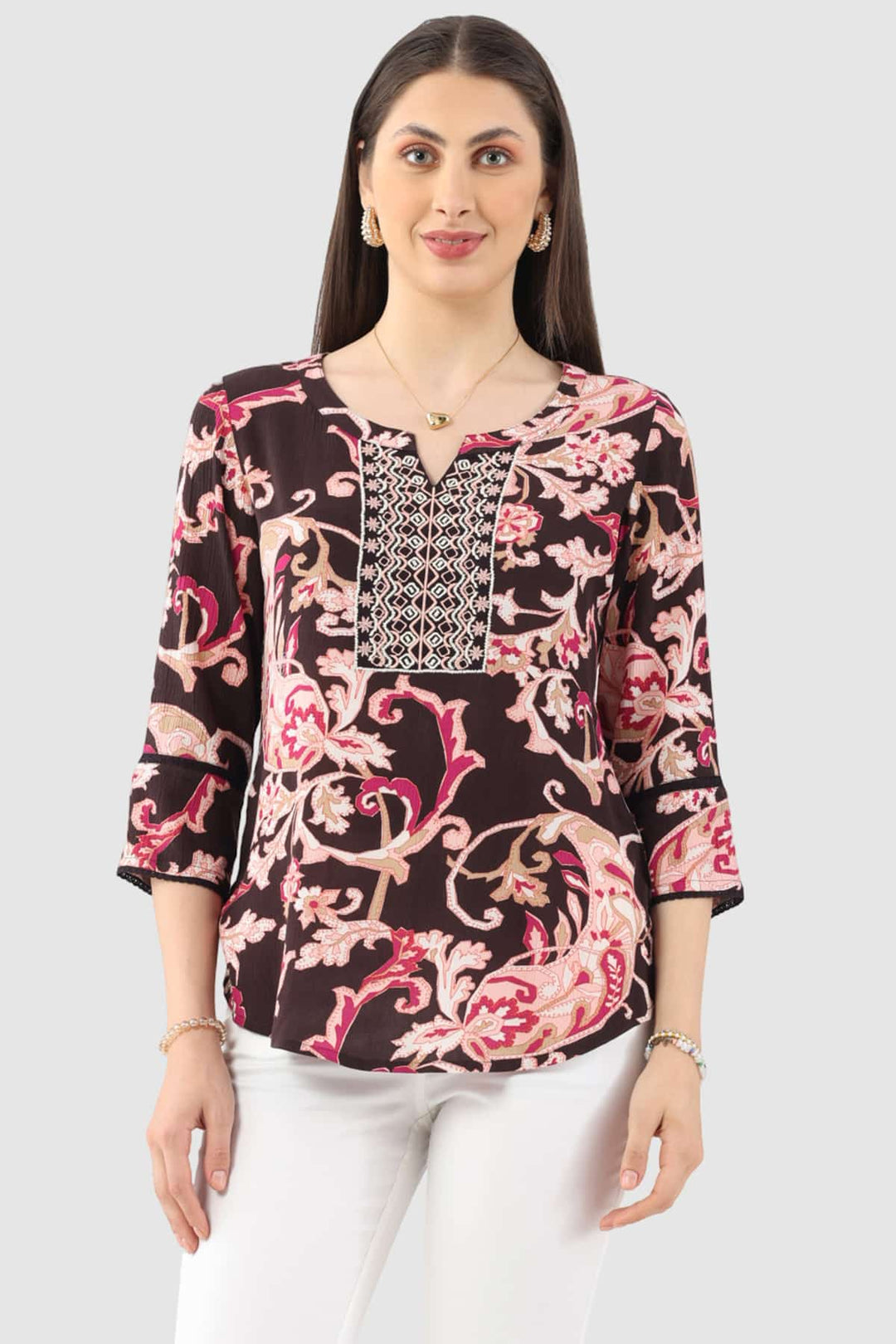 Pink Embroidered Rayon Crepe Casual Top