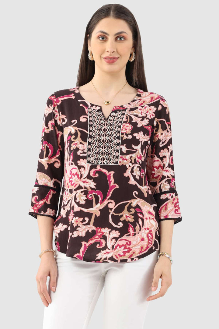 Pink Embroidered Rayon Crepe Casual Top