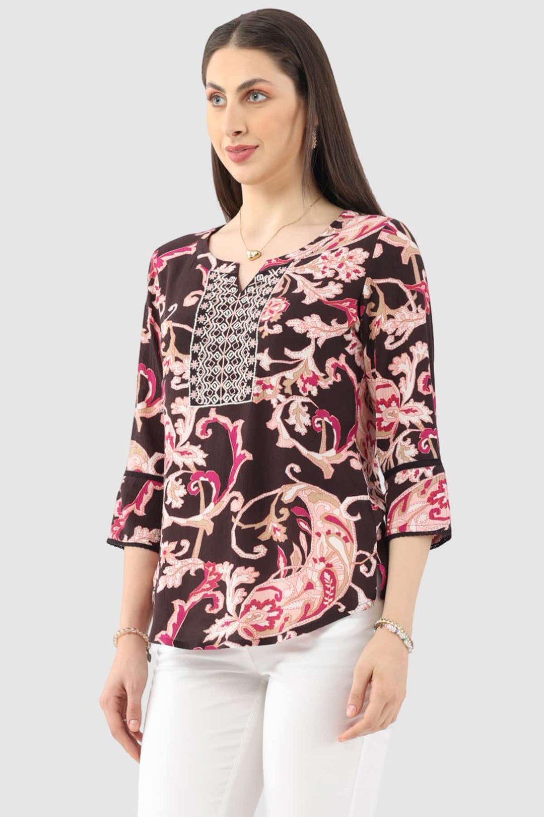 Pink Embroidered Rayon Crepe Casual Top