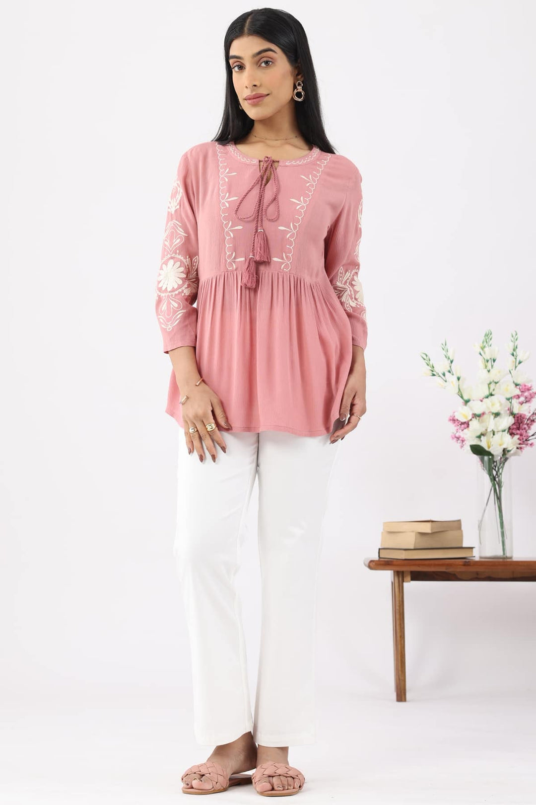 Coral Pink Embroidered Rayon Crepe Casual Top