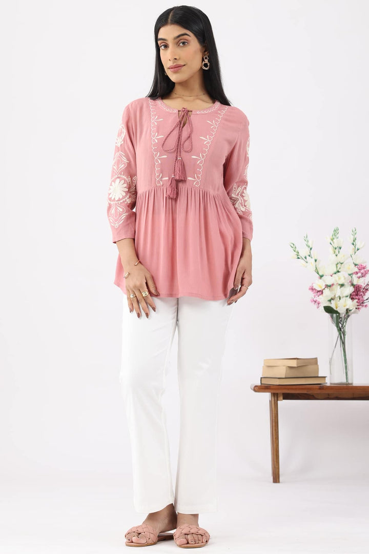 Coral Pink Embroidered Rayon Crepe Casual Top