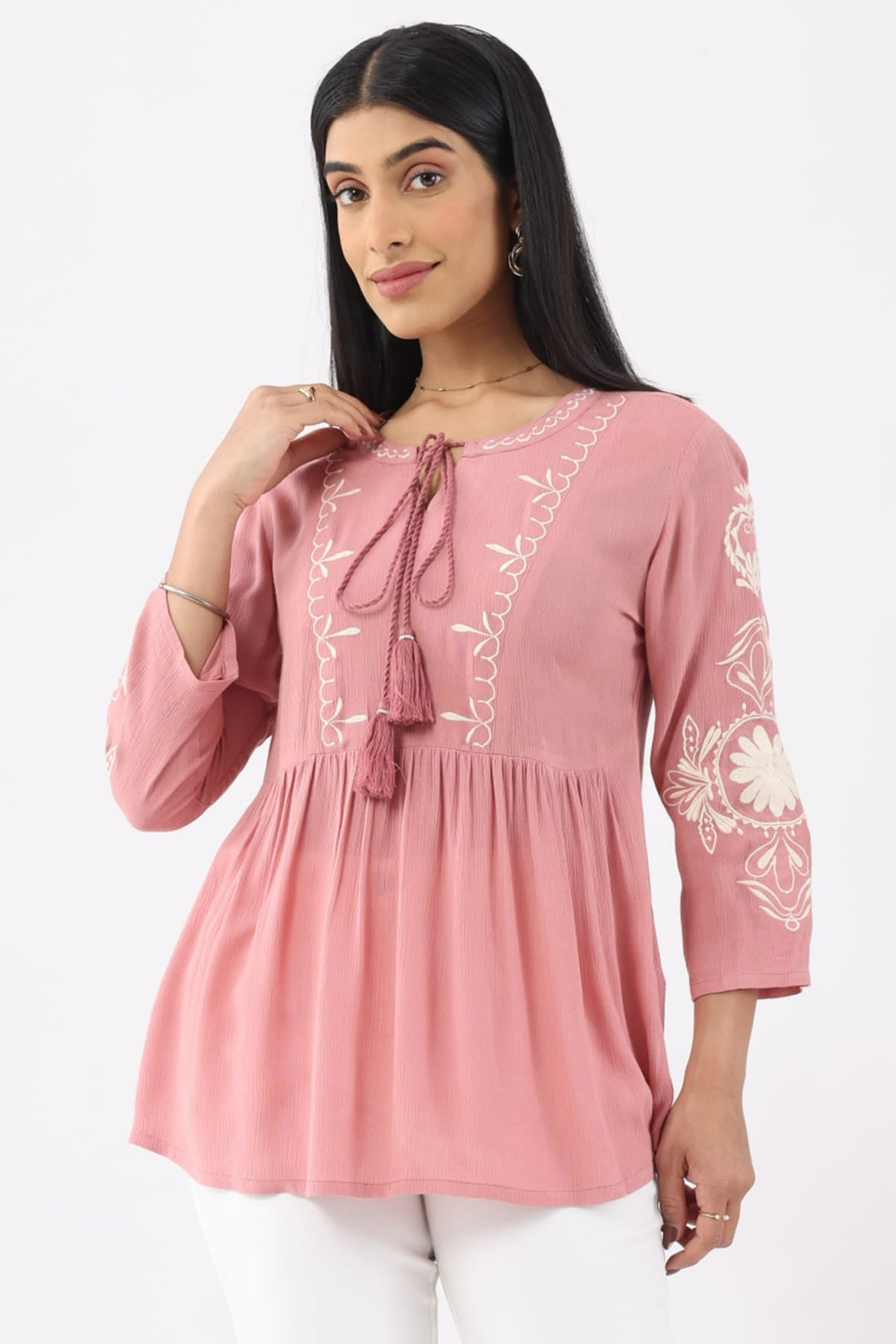 Coral Pink Embroidered Rayon Crepe Casual Top