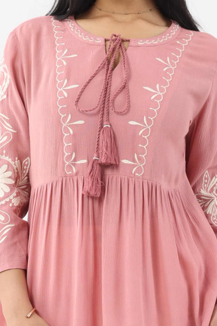 Coral Pink Embroidered Rayon Crepe Casual Top