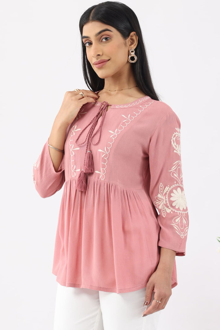 Coral Pink Embroidered Rayon Crepe Casual Top