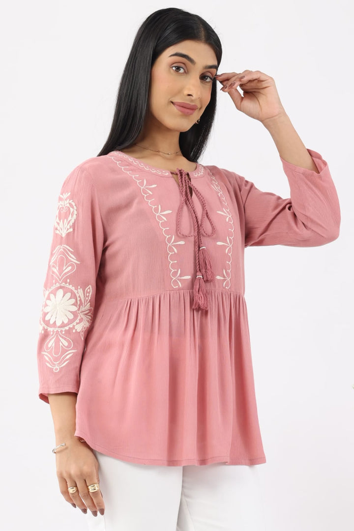 Coral Pink Embroidered Rayon Crepe Casual Top