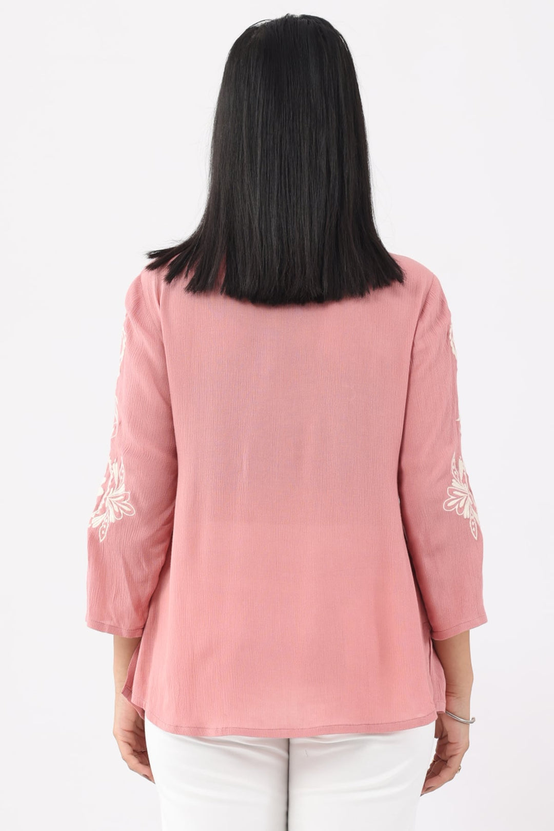 Coral Pink Embroidered Rayon Crepe Casual Top