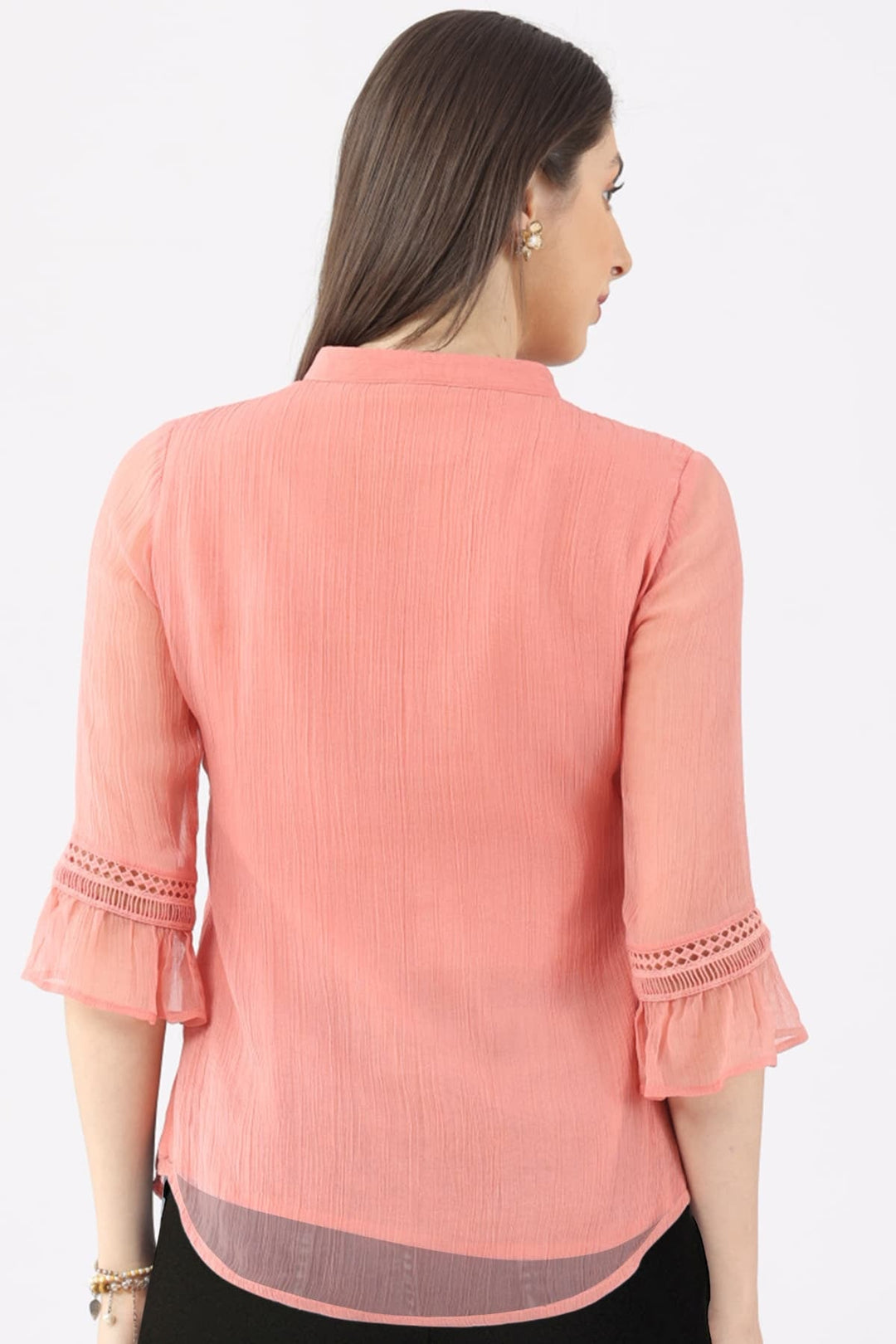 Peach Solid Viscose Casual Top with Mandarin Collar