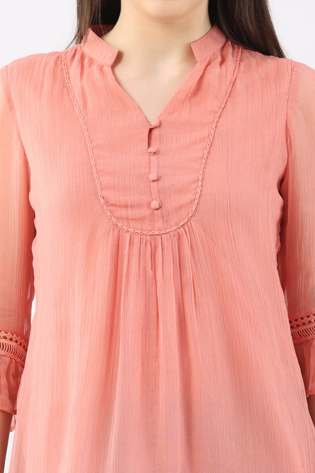 Peach Solid Viscose Casual Top with Mandarin Collar