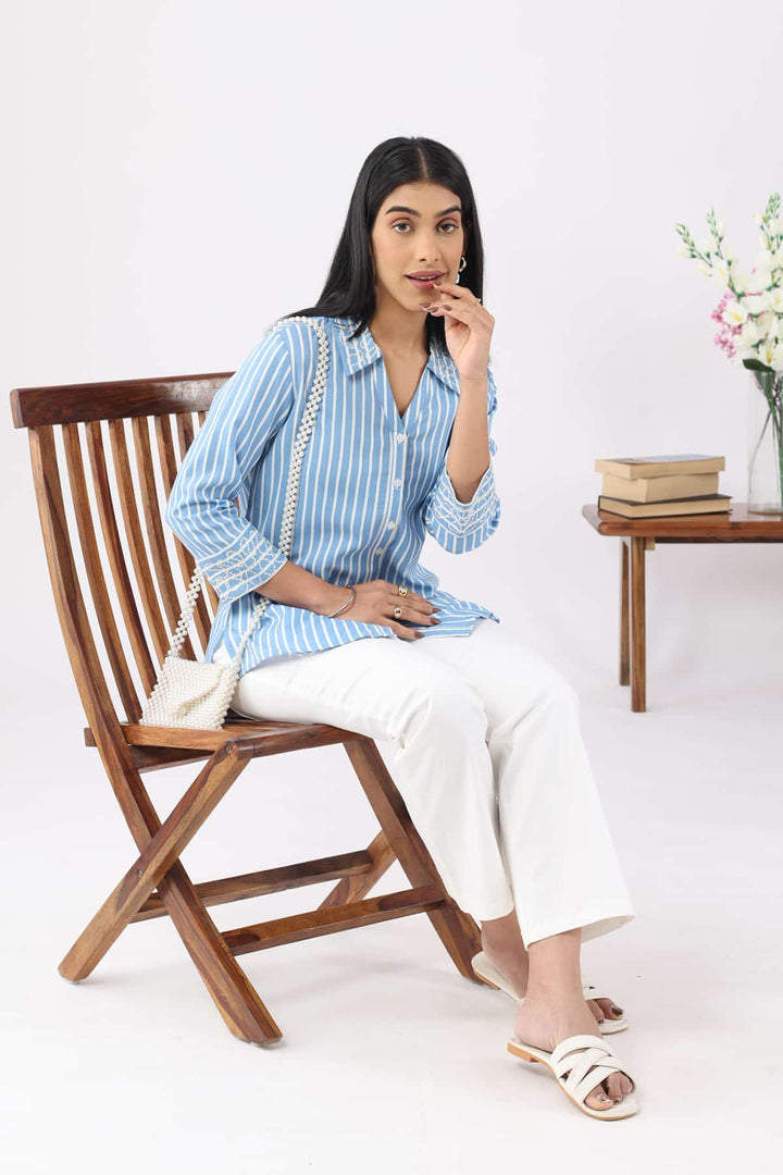 Blue Striped Rayon Shirt with 3/4th Sleeves and Collared Neck