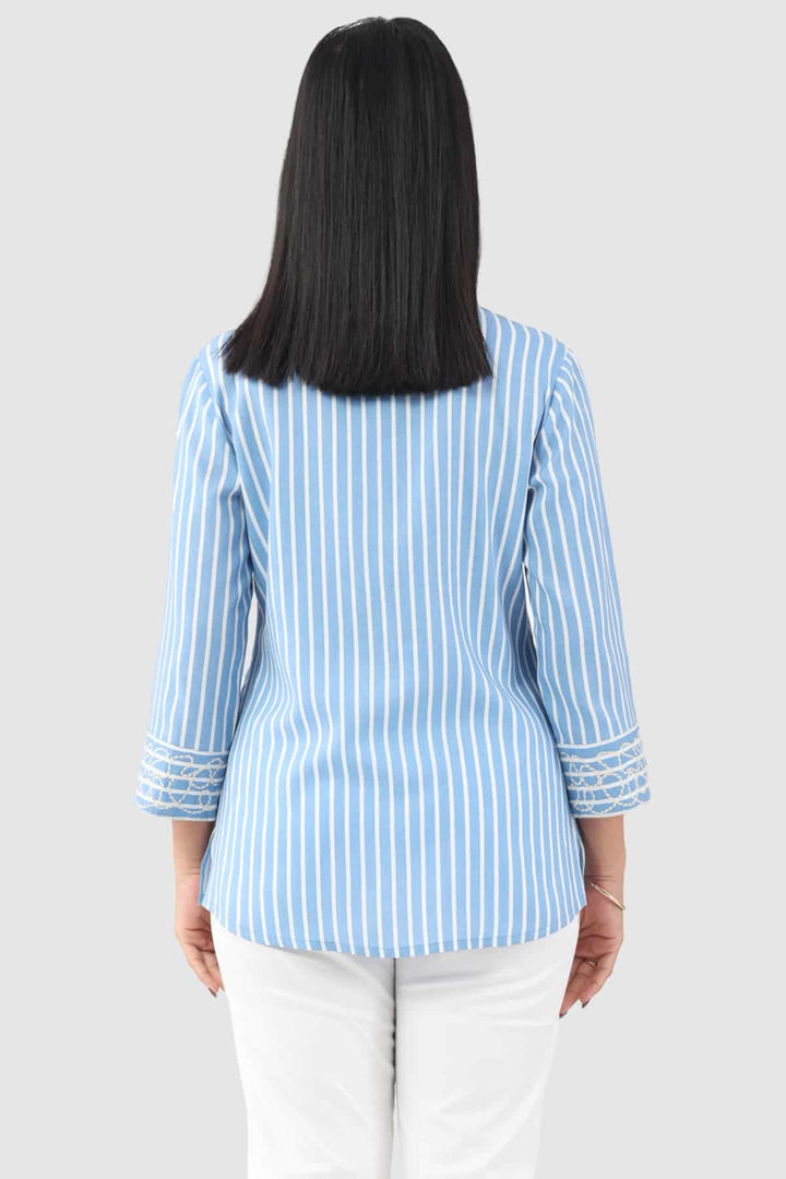 Blue Striped Rayon Shirt with 3/4th Sleeves and Collared Neck