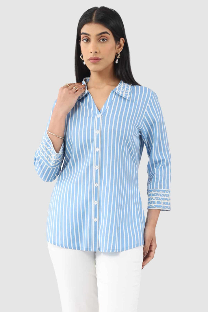 Blue Striped Rayon Shirt with 3/4th Sleeves and Collared Neck