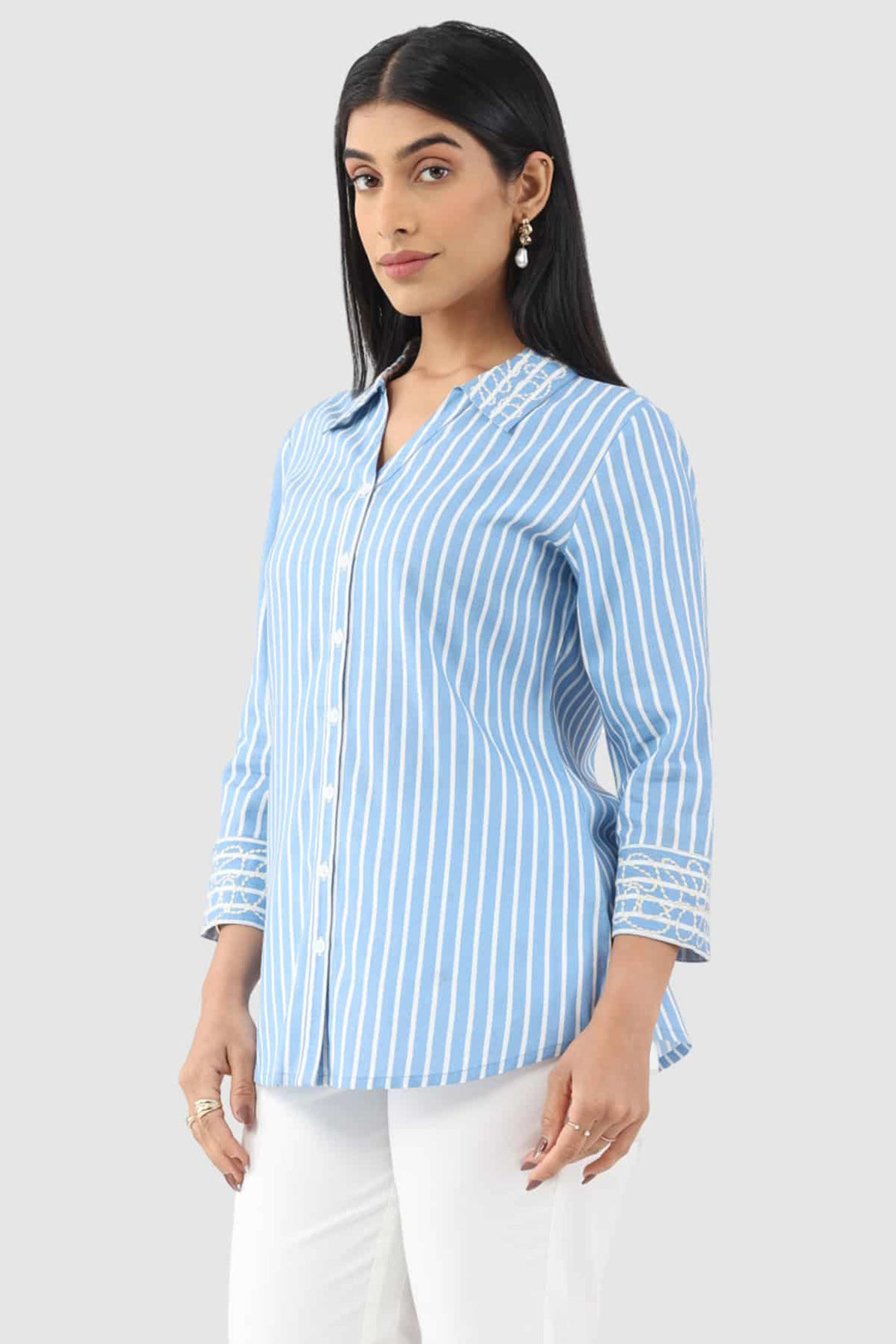 Blue Striped Rayon Shirt with 3/4th Sleeves and Collared Neck