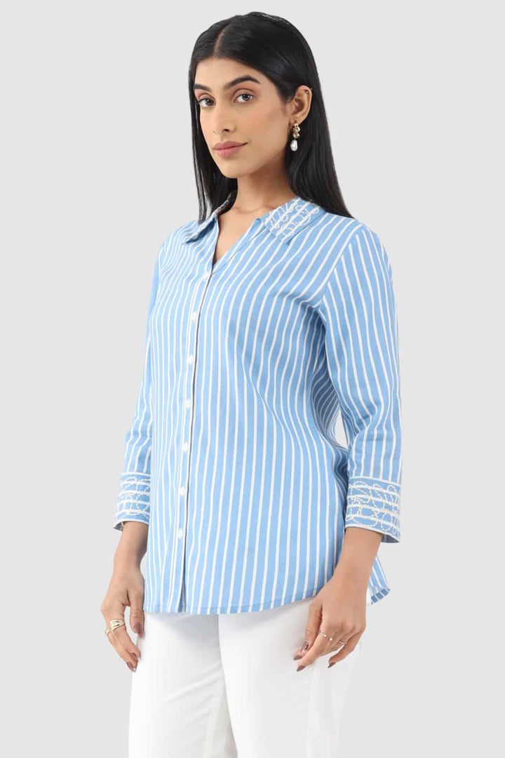 Blue Striped Rayon Shirt with 3/4th Sleeves and Collared Neck
