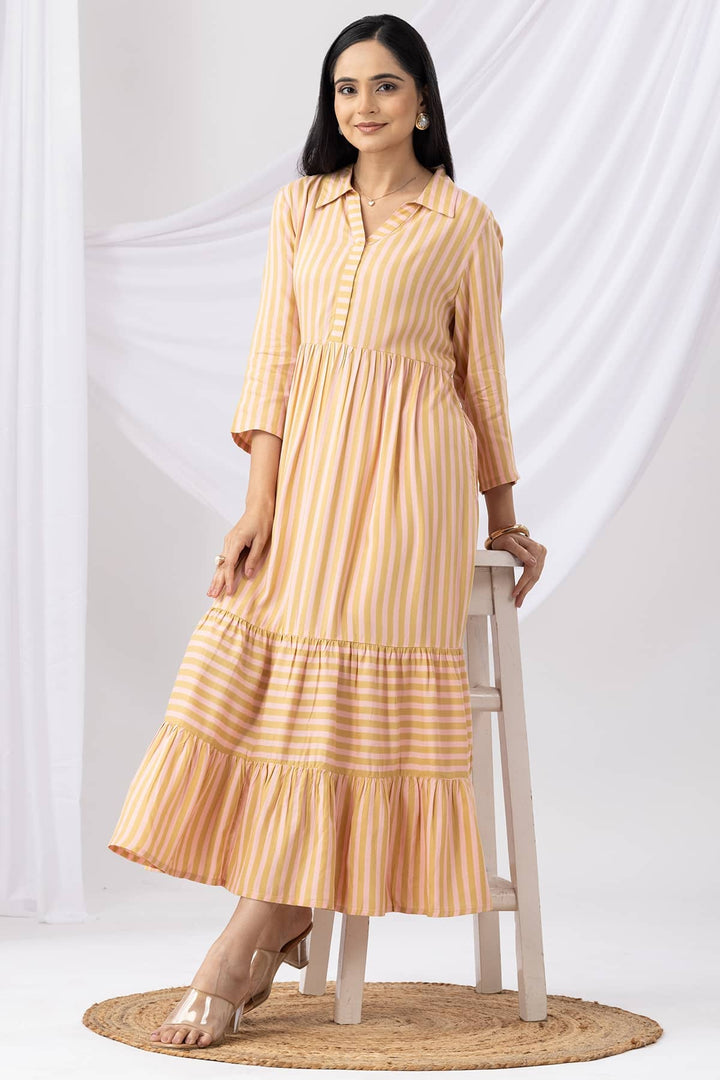 Mustard Rayon Striped Collared Dress with 3/4th Sleeves
