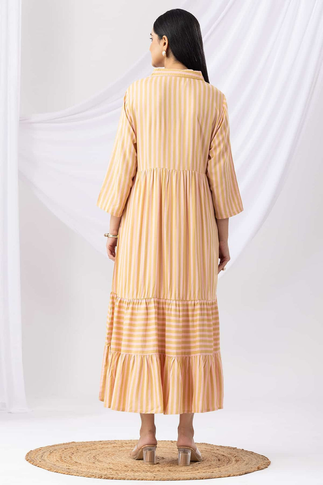 Mustard Rayon Striped Collared Dress with 3/4th Sleeves