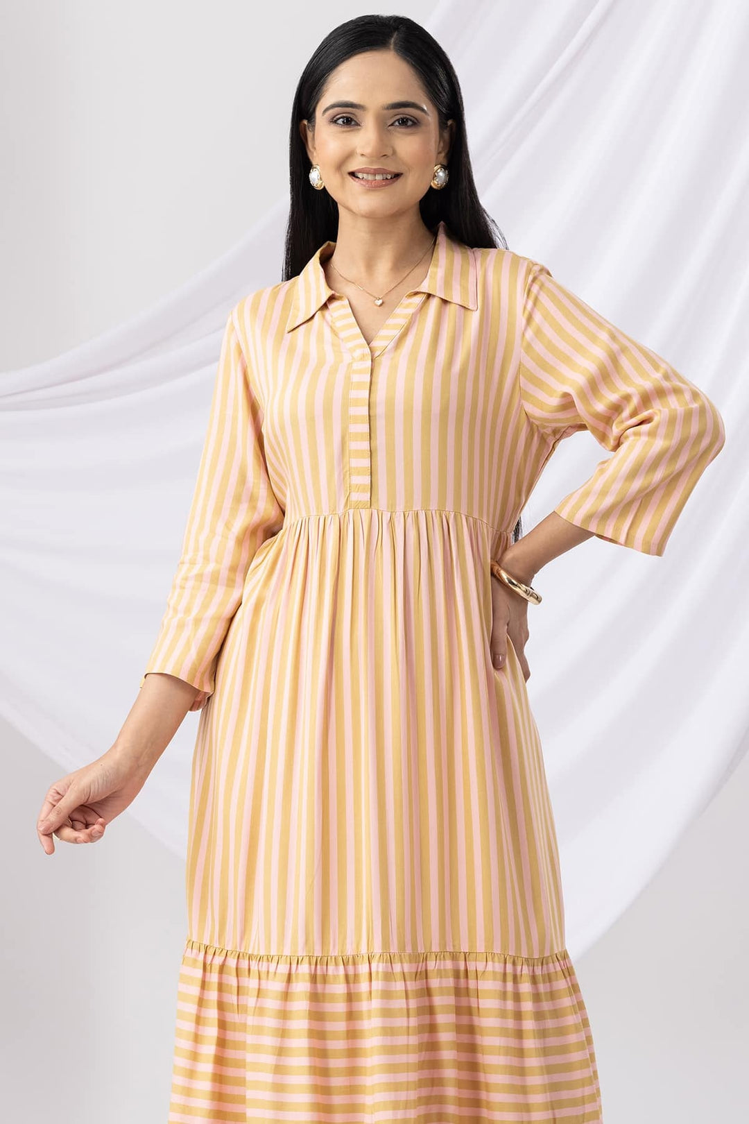 Mustard Rayon Striped Collared Dress with 3/4th Sleeves