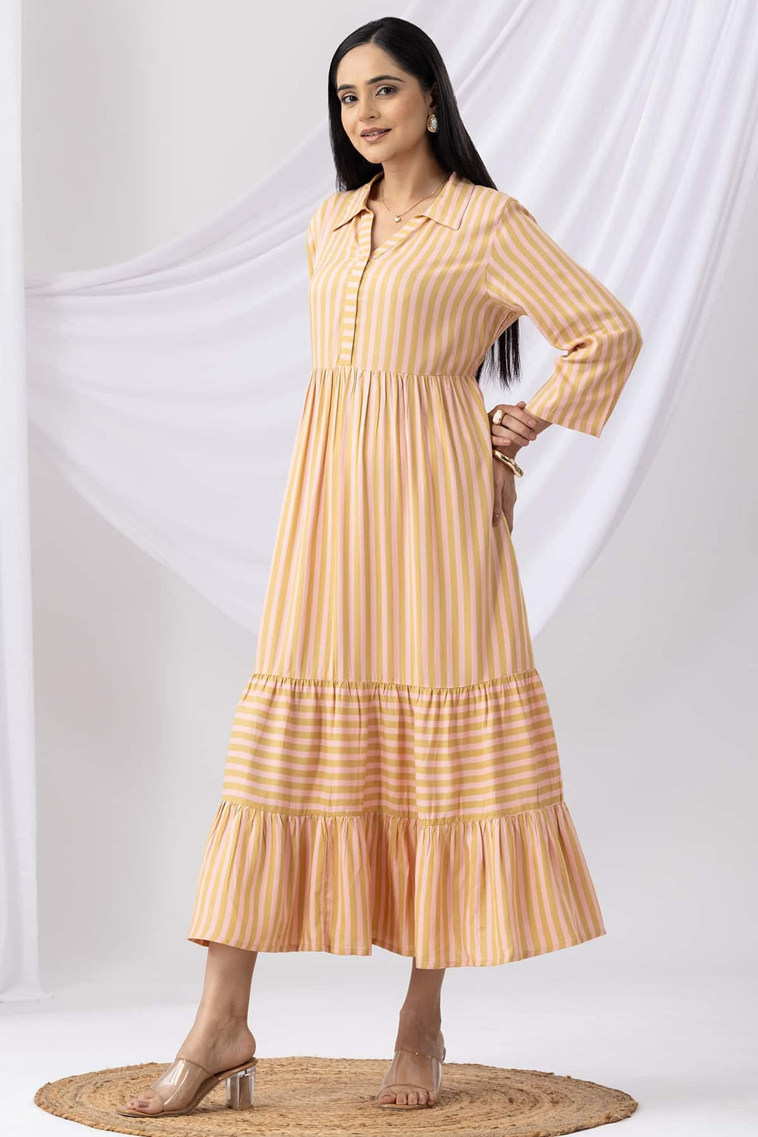 Mustard Rayon Striped Collared Dress with 3/4th Sleeves