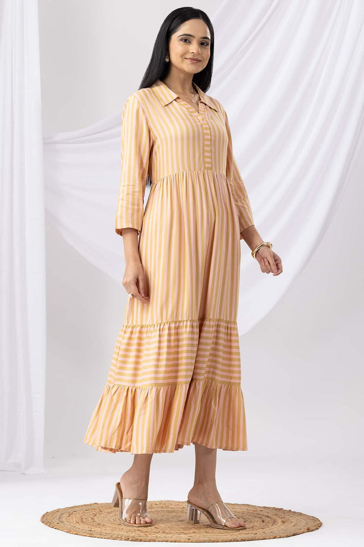 Mustard Rayon Striped Collared Dress with 3/4th Sleeves