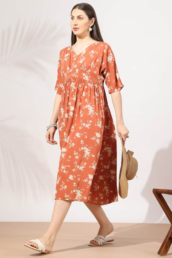Apricot Printed V-Neck Casual Dress in Moss Crepe