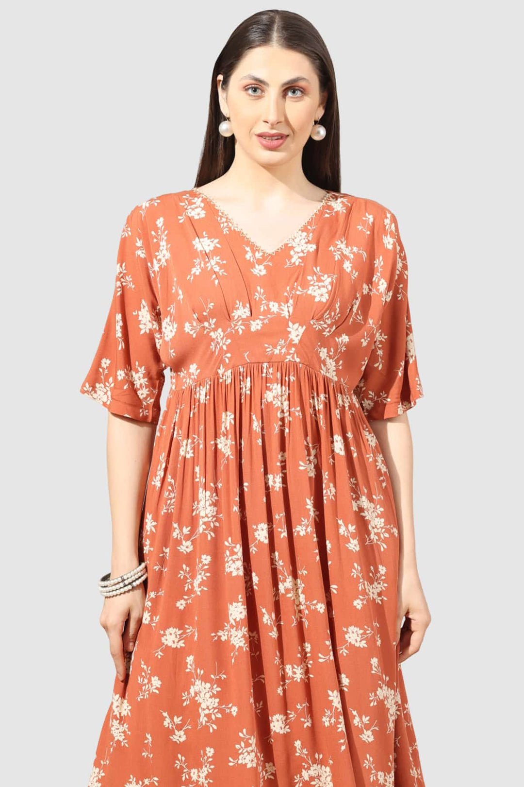 Apricot Printed V-Neck Casual Dress in Moss Crepe