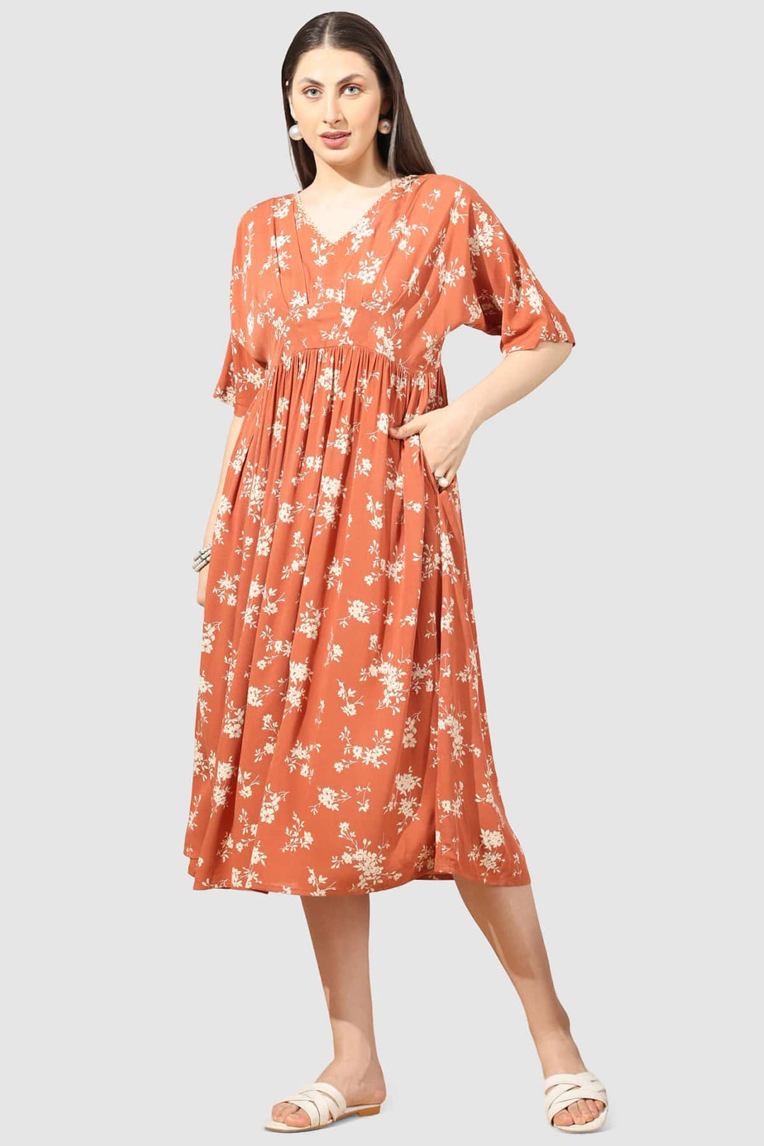 Apricot Printed V-Neck Casual Dress in Moss Crepe