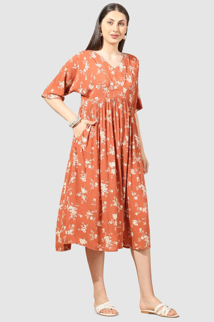 Apricot Printed V-Neck Casual Dress in Moss Crepe