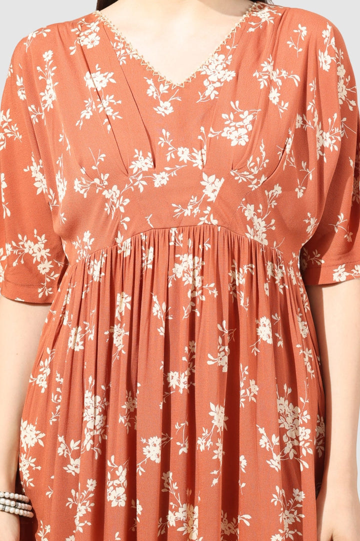 Apricot Printed V-Neck Casual Dress in Moss Crepe