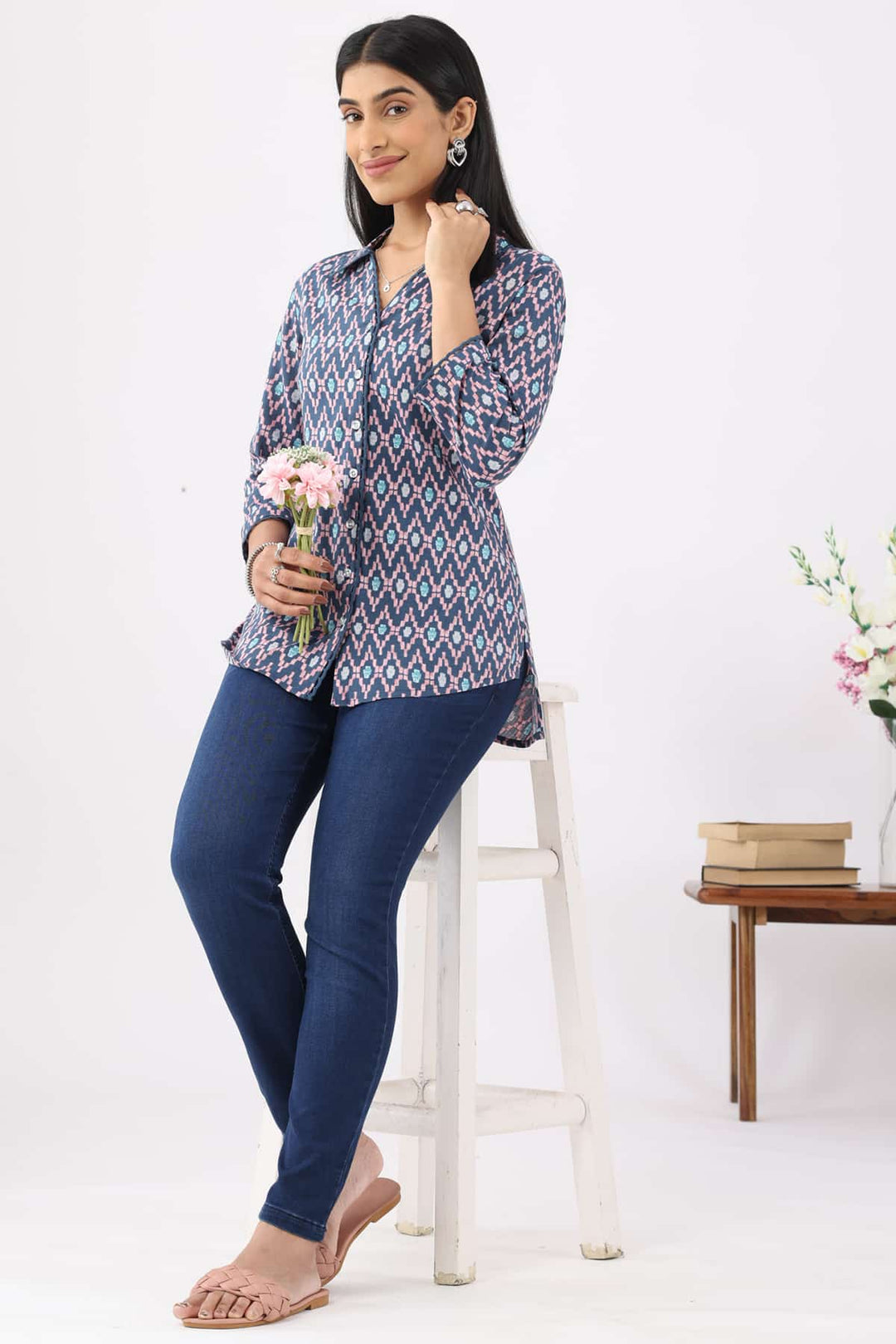 Blue Printed Rayon Slub Shirt