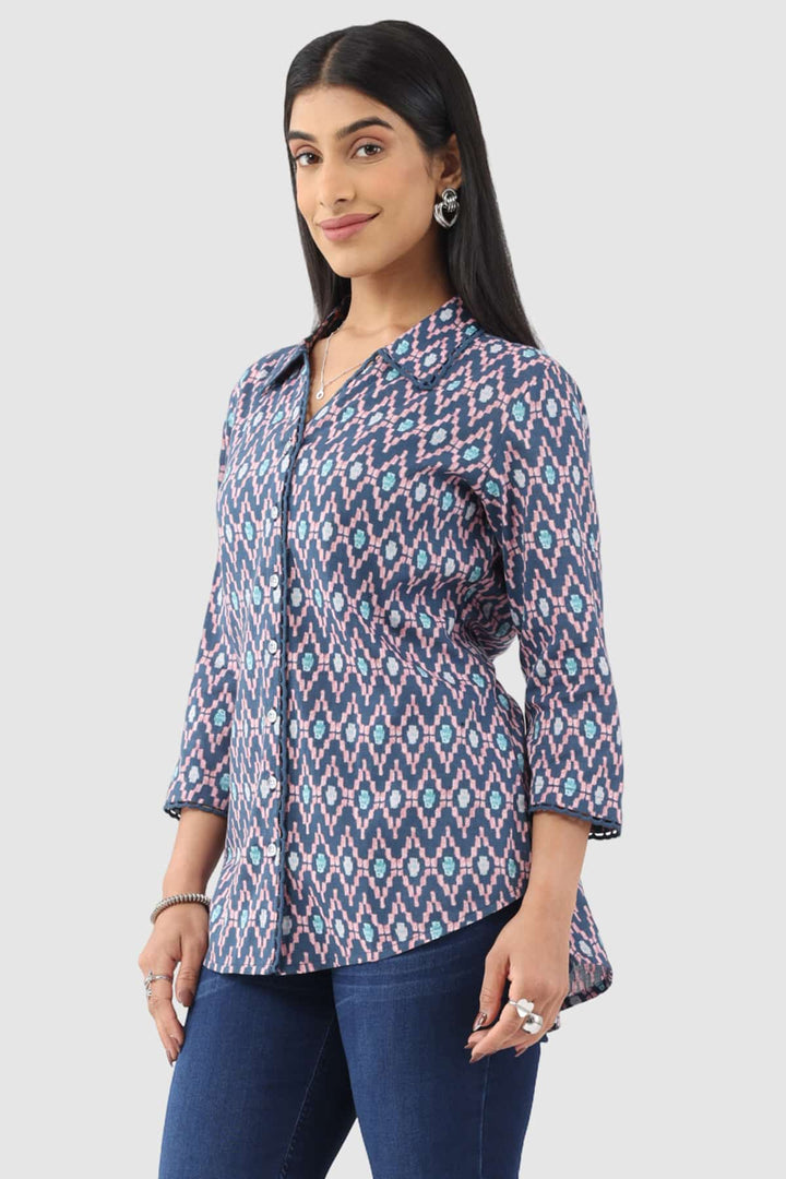 Blue Printed Rayon Slub Shirt