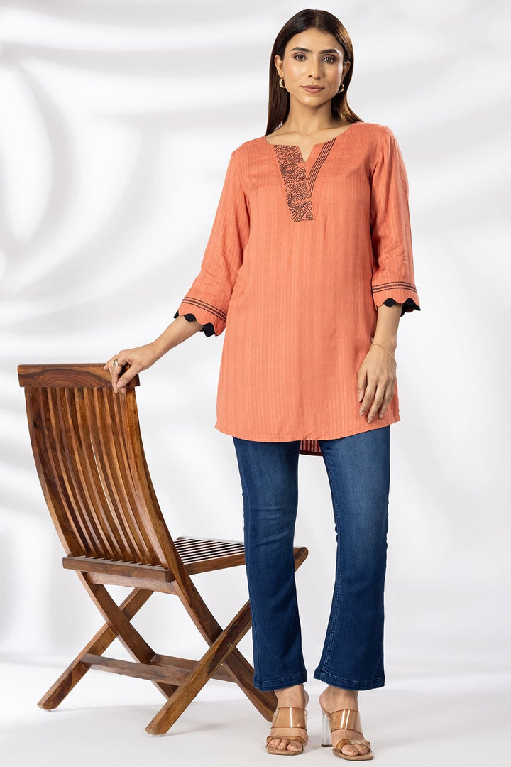Rust Embroidered Viscose Tunic
