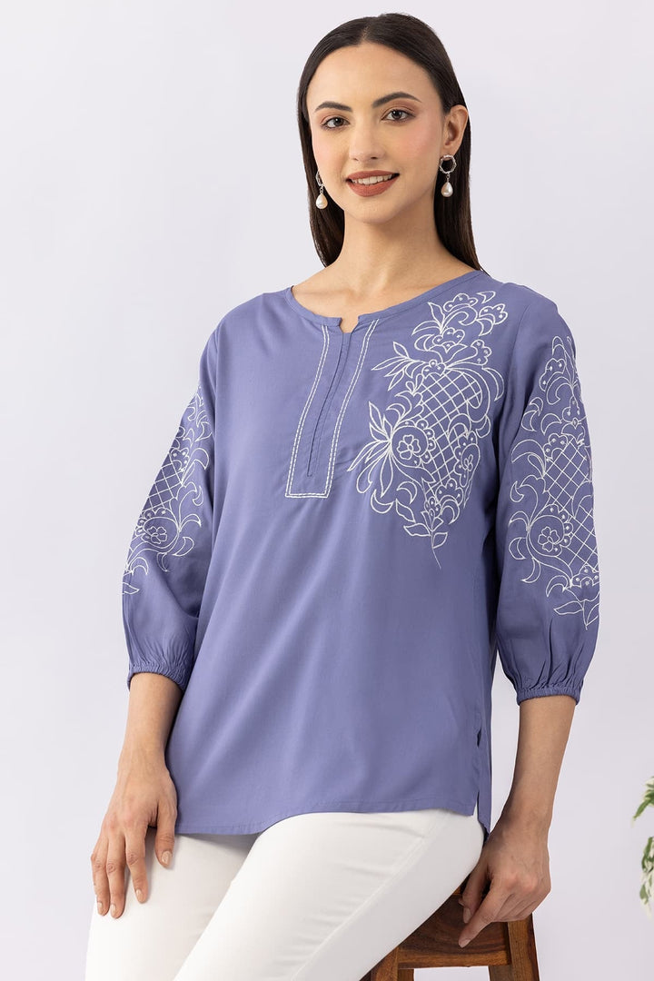 Embroidered Blue Viscose Modal Top with Round Neck &amp; 3/4 Sleeves