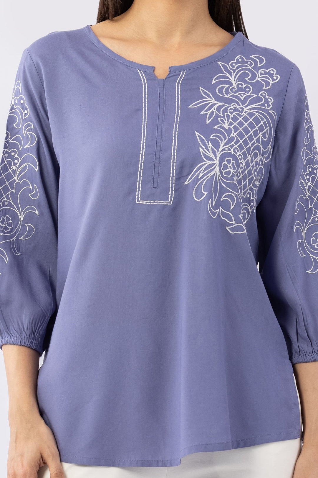Embroidered Blue Viscose Modal Top with Round Neck &amp; 3/4 Sleeves