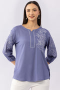 Embroidered Blue Viscose Modal Top with Round Neck & 3/4 Sleeves