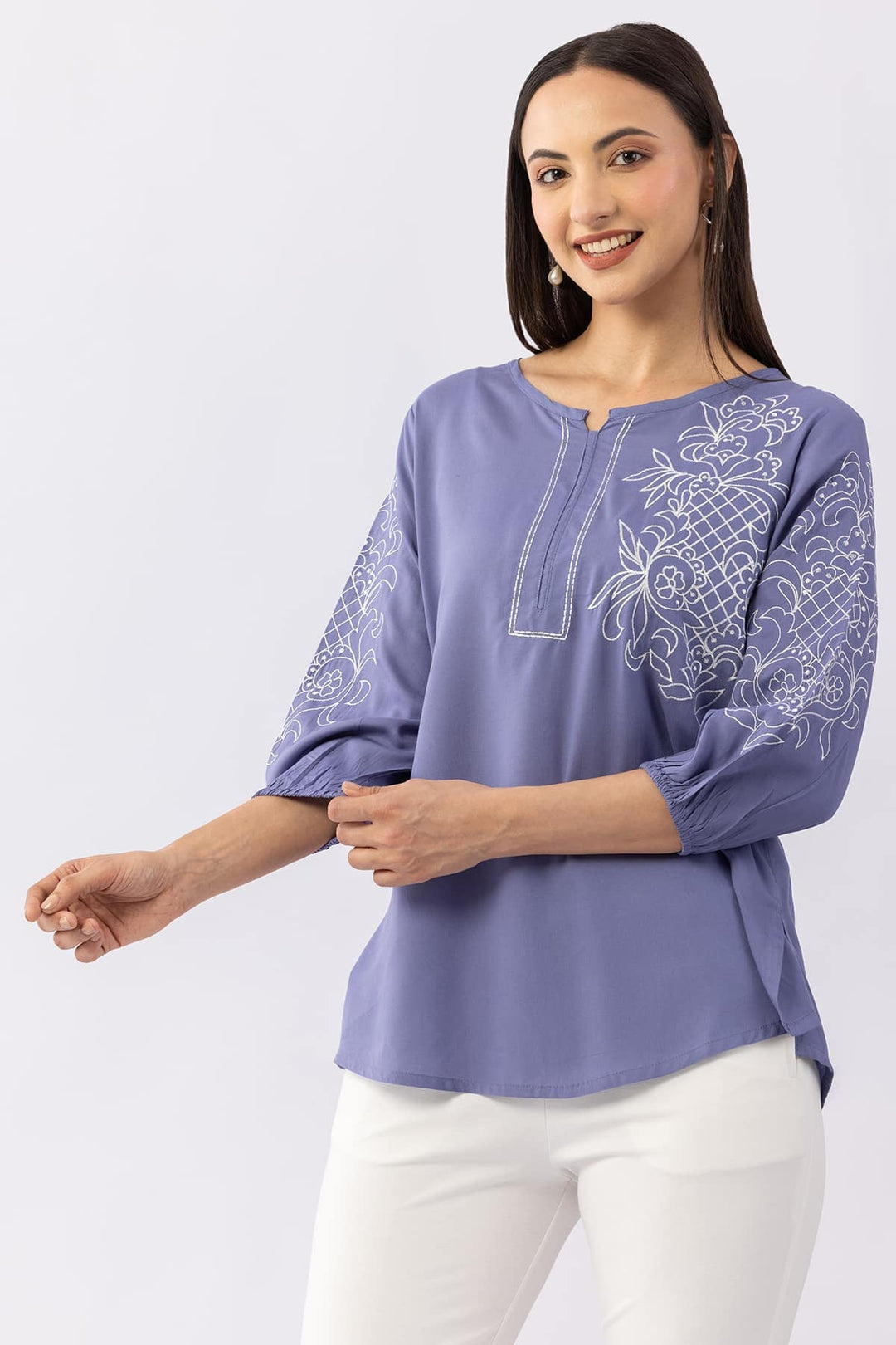 Embroidered Blue Viscose Modal Top with Round Neck &amp; 3/4 Sleeves