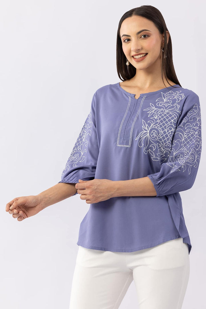 Embroidered Blue Viscose Modal Top with Round Neck &amp; 3/4 Sleeves