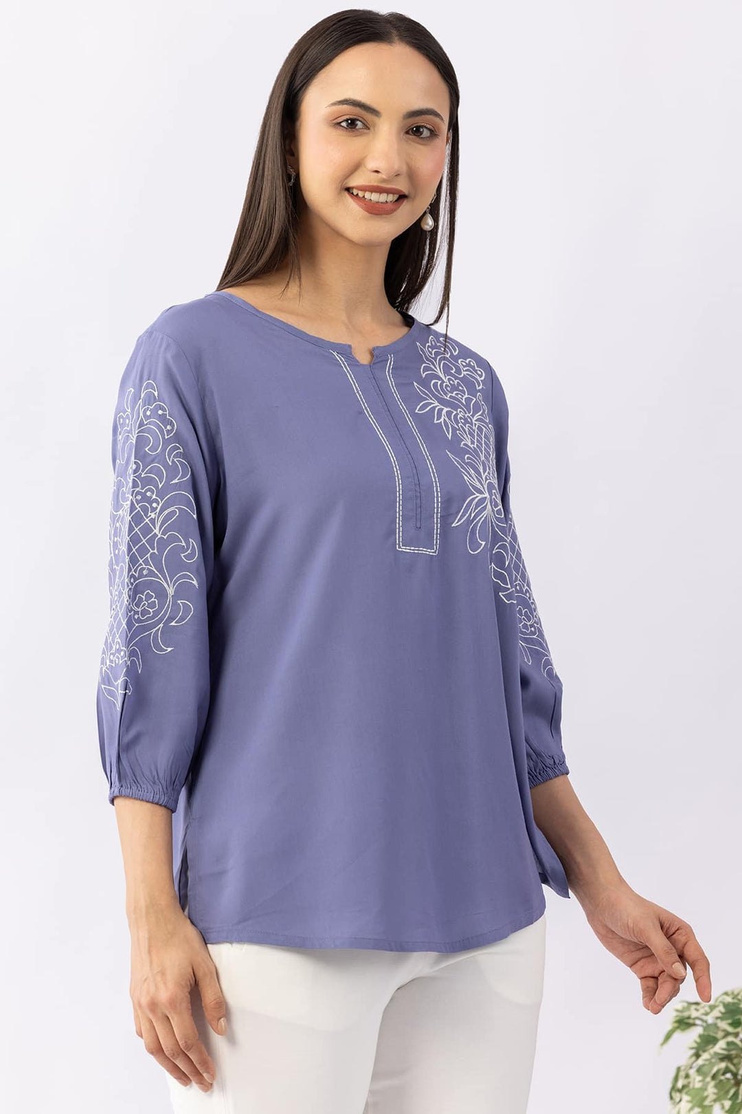 Embroidered Blue Viscose Modal Top with Round Neck &amp; 3/4 Sleeves