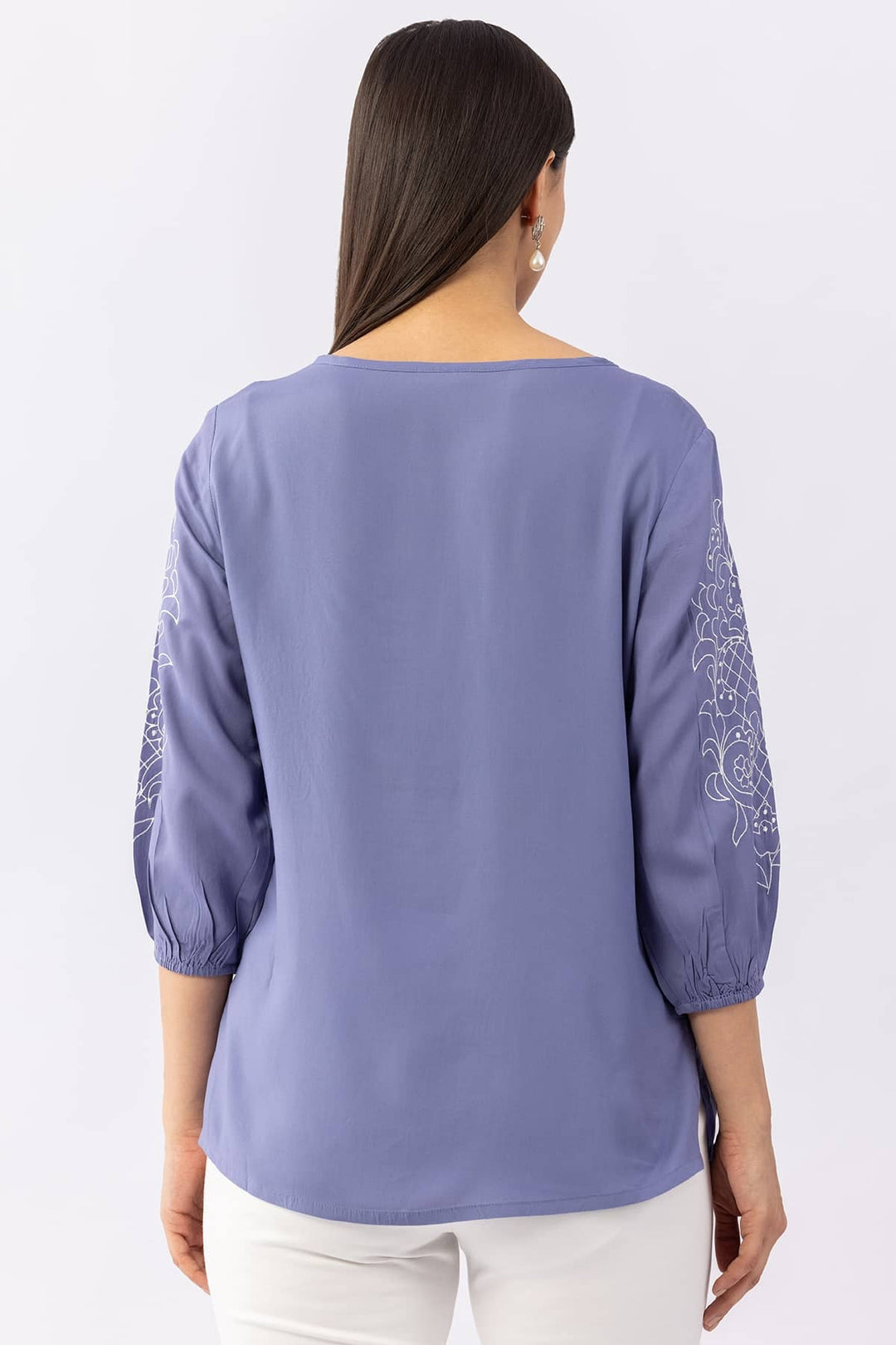 Embroidered Blue Viscose Modal Top with Round Neck &amp; 3/4 Sleeves