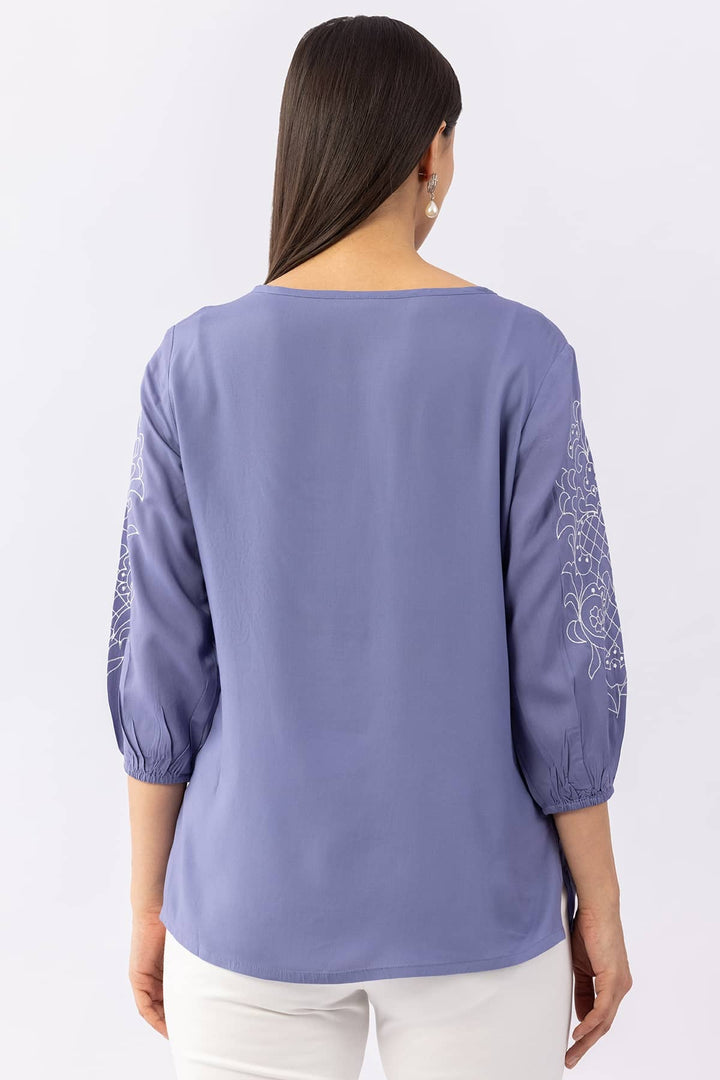 Embroidered Blue Viscose Modal Top with Round Neck &amp; 3/4 Sleeves