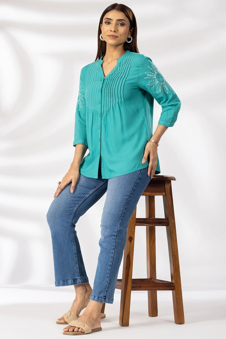 Sea Green Embroidered Viscose Mandarin Collar Shirt