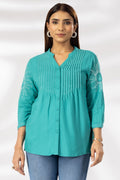 Sea Green Embroidered Viscose Mandarin Collar Shirt