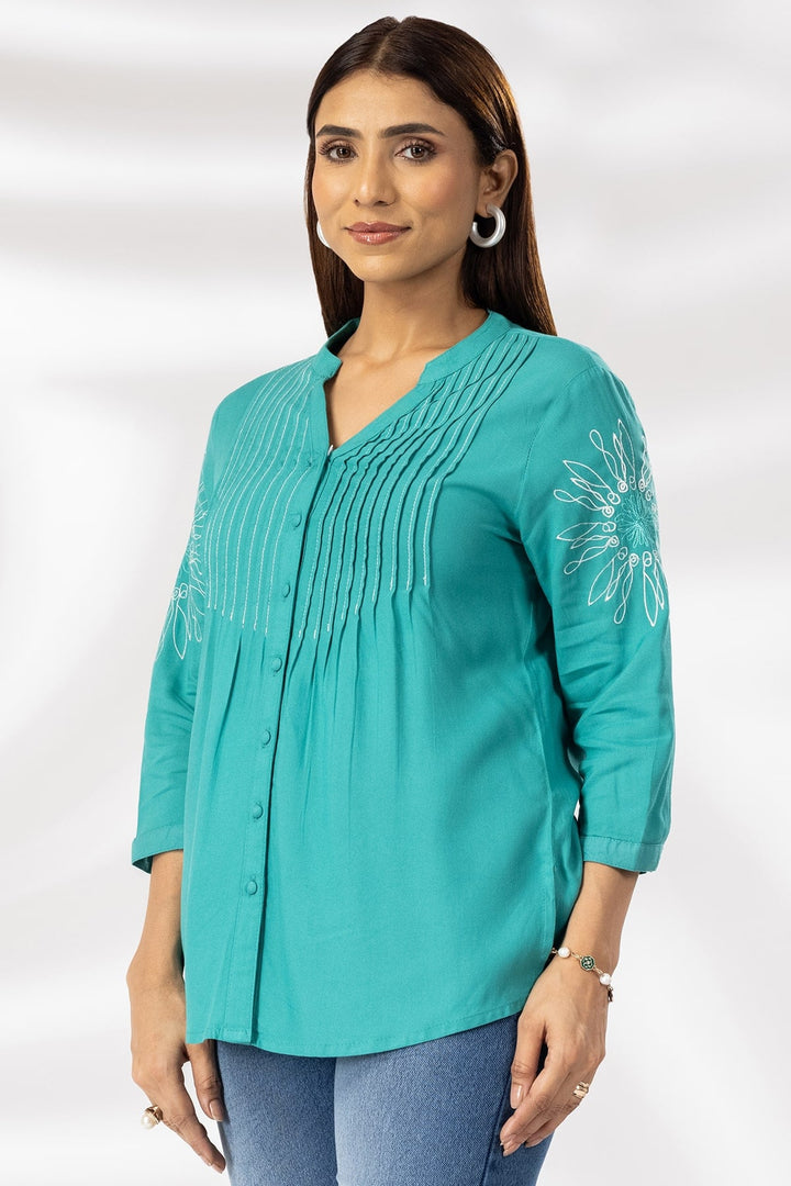 Sea Green Embroidered Viscose Mandarin Collar Shirt