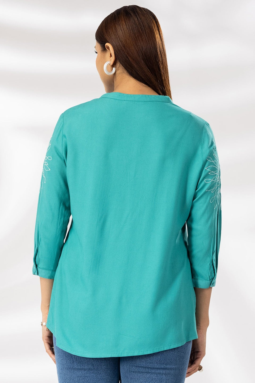 Sea Green Embroidered Viscose Mandarin Collar Shirt