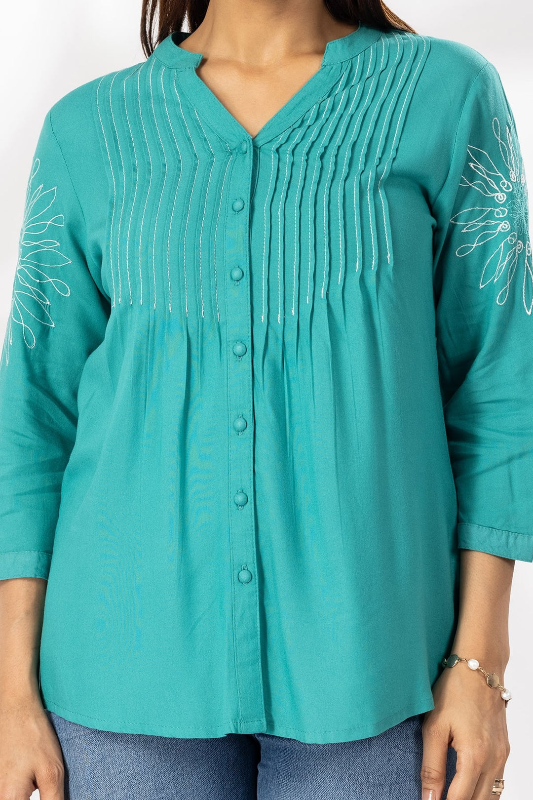 Sea Green Embroidered Viscose Mandarin Collar Shirt