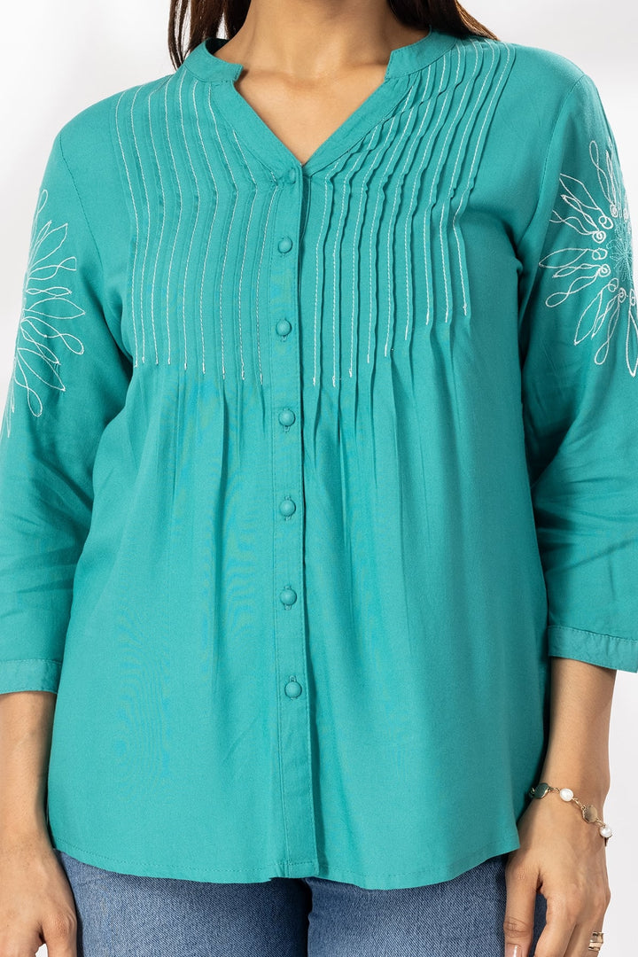 Sea Green Embroidered Viscose Mandarin Collar Shirt